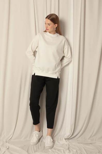 Modal Kumaş Çimalı Bol Paça Siyah Pantolon ürün görseli