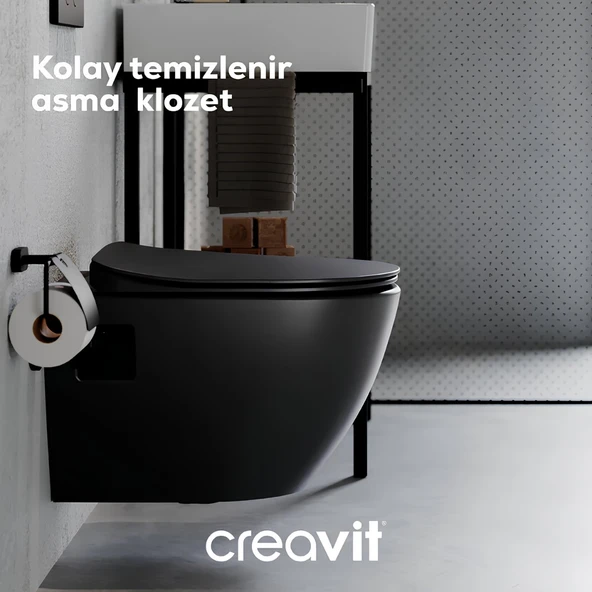 Creavit Free Mat Siyah Kanallı Asma Klozet FE320, Creavit Duck Duroplast Yavaş Kapak