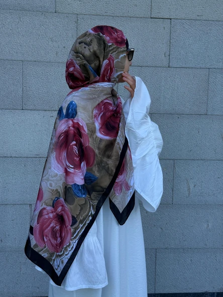 Pamuklu Rose Desen Şal-Gül Kurusu - 3