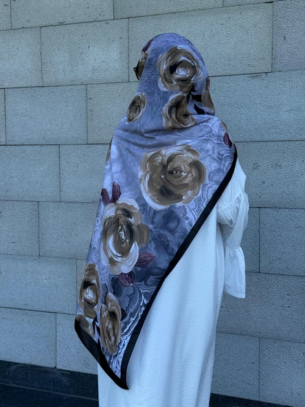 Pamuklu Rose Desen Şal- Siyah/Gri - 5