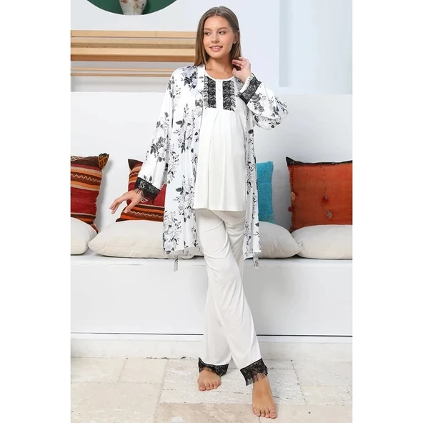 Mommysh 55711 Kadın Lohusa Saten Sabahlıklı Pijama Takımı ürün görseli 1