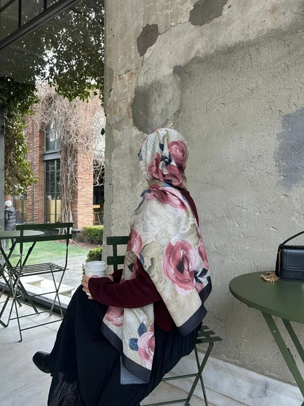 Pamuklu Rose Desen Şal-Gül Kurusu - 4