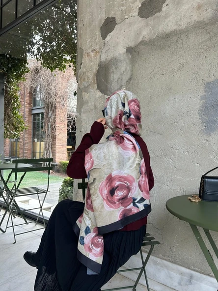 Pamuklu Rose Desen Şal-Gül Kurusu - 5