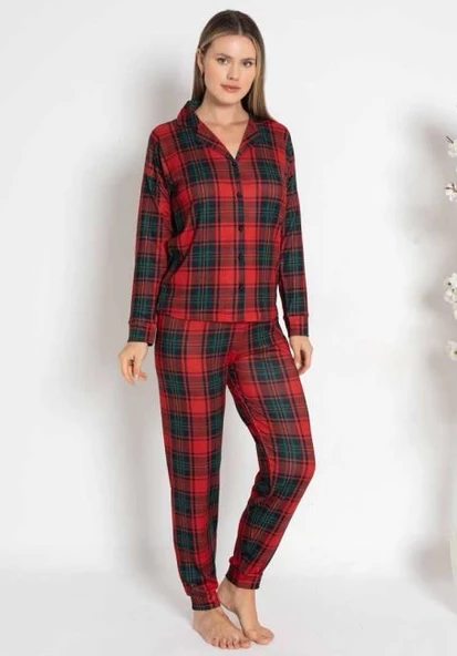 Estiva 24494 Bayan Termal Önü Düğmeli Ekoseli Pijama Takımı ürün görseli 1