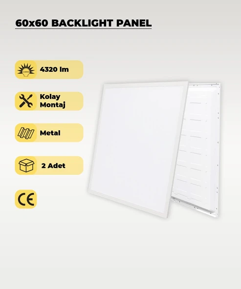 48 W. Sıva Altı 60x60 Backlight Beyaz Panel Armatür 4000K - 2 Adet - 1