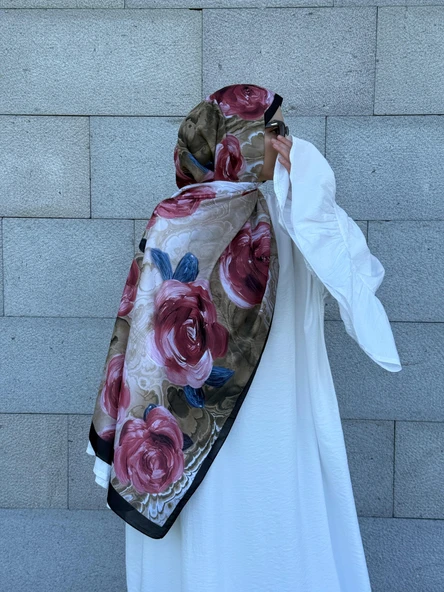 Pamuklu Rose Desen Şal-Gül Kurusu