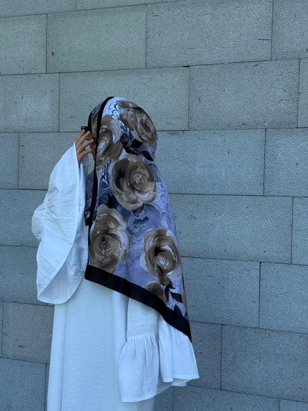 Pamuklu Rose Desen Şal- Siyah/Gri - 2