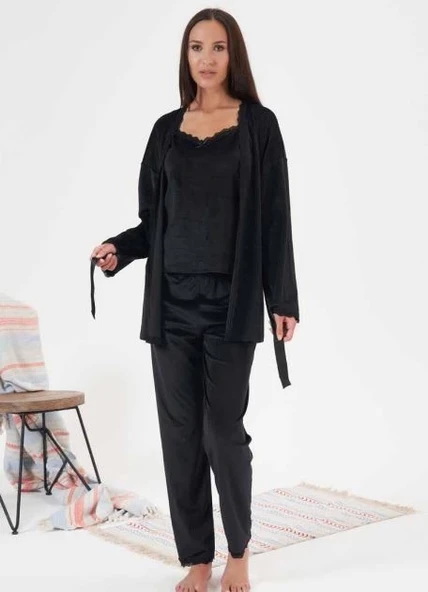 Estiva 24397 Bayan Kadife 3'lü Pijama Takım - Resim 2
