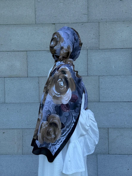 Pamuklu Rose Desen Şal- Siyah/Gri - 4