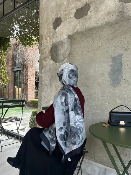 Pamuklu Rose Desen Şal- Siyah/Antrasit - 3