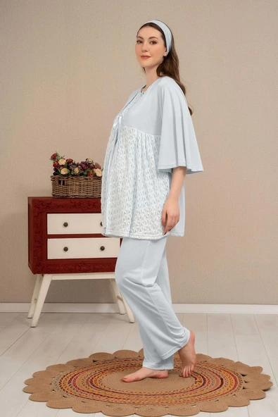 Ba-ha 4504 Dantel Sabahlıklı Lohusa Pijama Takımı - Resim 3