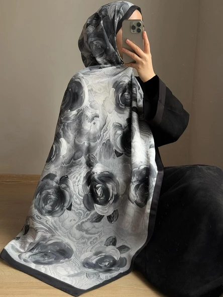 Pamuklu Rose Desen Şal- Siyah/Antrasit - 5