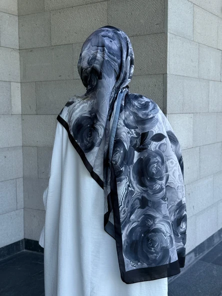 Pamuklu Rose Desen Şal- Siyah/Antrasit