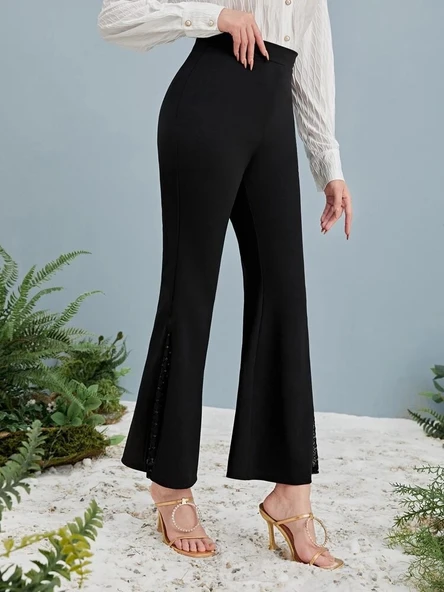 Kadın Yüksek Bel Yanları Tül Detaylı Dalgıç Tayt Pantolon - Resim 5