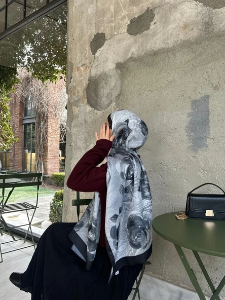 Pamuklu Rose Desen Şal- Siyah/Antrasit - 4