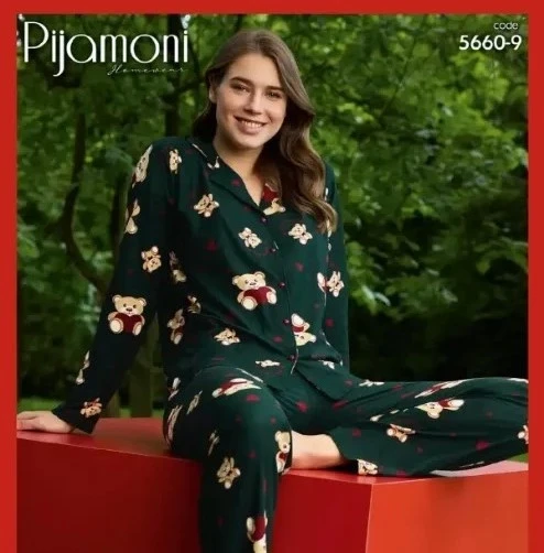Pijamoni 5660 Kadın Ayıcık Desenli Gömlek Yaka Pijama Takımı - 2