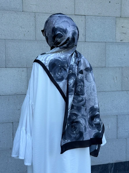 Pamuklu Rose Desen Şal- Siyah/Antrasit - 2