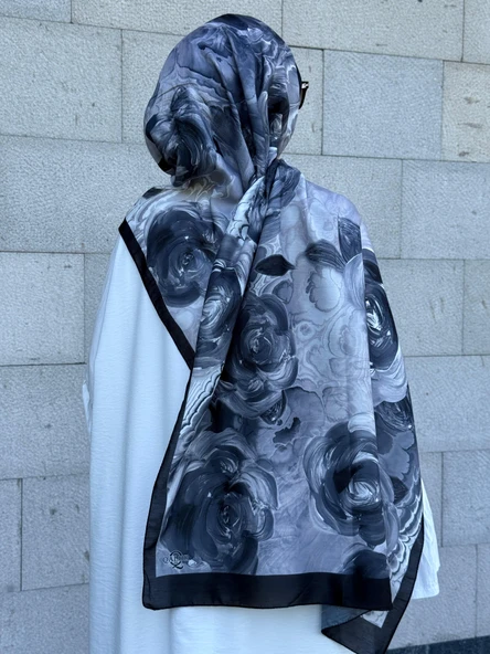 Pamuklu Rose Desen Şal- Siyah/Antrasit - 6