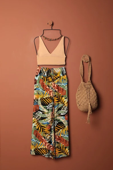 Viskon Kumaş Yaprak Desenli Pantolon-Sarı ürün görseli