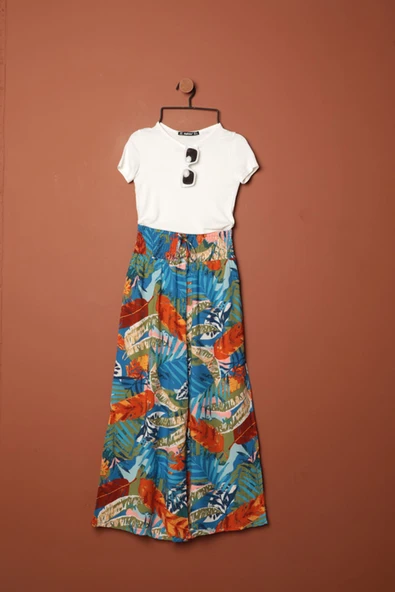 Viskon Kumaş Yaprak Desenli Pantolon-Mavi ürün görseli