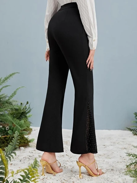 Kadın Yüksek Bel Yanları Tül Detaylı Dalgıç Tayt Pantolon - Resim 2