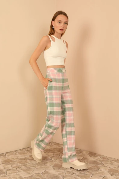 Ekose Kumaş Rahat Kalıp Kadın Pantolon-Pembe ürün görseli