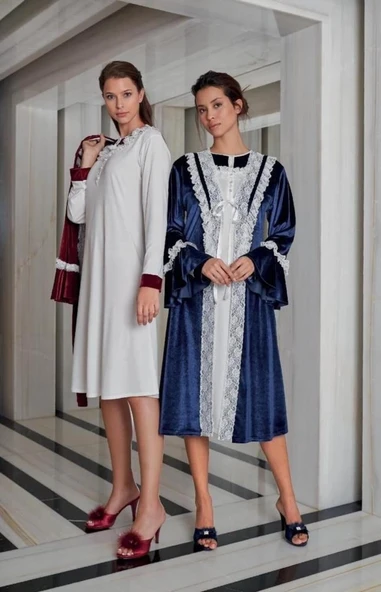 Jar Pierre 228 Kadife Gecelik Sabahlık - Resim 2