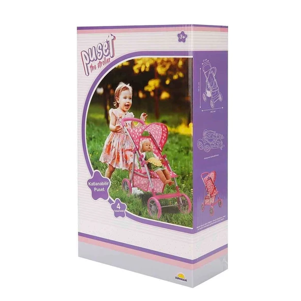 PARAPLY 0664 Puantiye Desenli, 4 Tekerlekli ve Tenteli Oyuncak Puset Kız Erkek Çocuk Oyuncak Eğitici Oyuncak - Resim 2