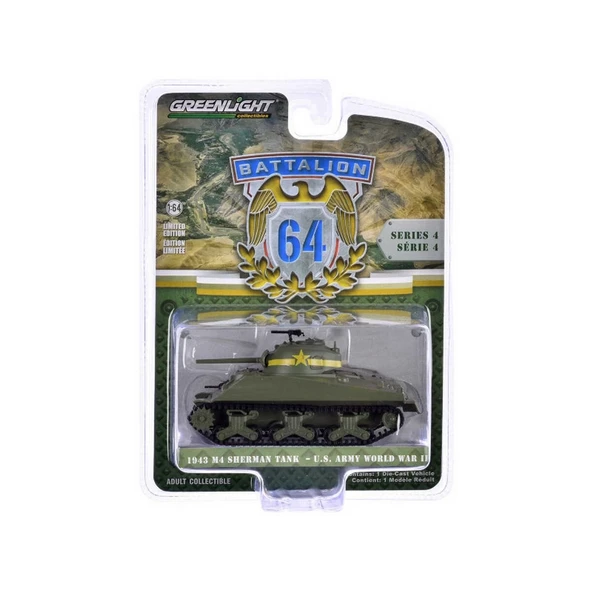 PARAPLY Greenlight 1/64 Battalion 64 Series 4- 1943 M4 Sherman Tank US Army World War II Kız Erkek Çocuk Oyu ürün görseli