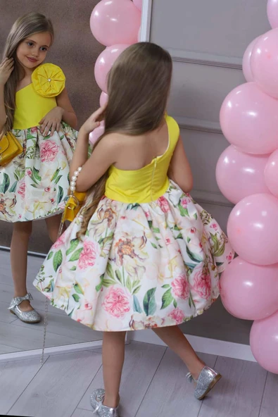 Kız Çocuk Tek Omuz Gül Broşlu Eteği Kabarık Çiçek Desenli Sarı Abiye - Resim 2