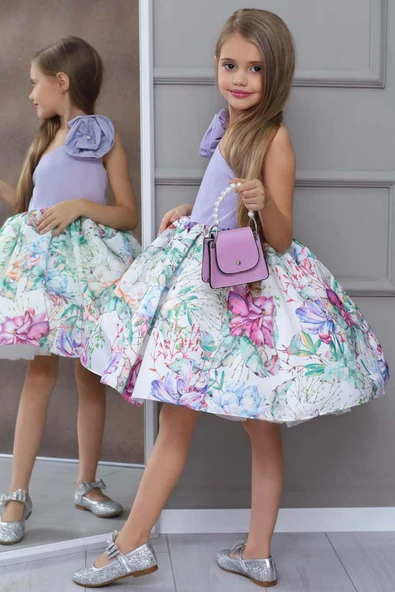 Kız Çocuk Tek Omuz Gül Broşlu Eteği Kabarık Çiçek Desenli Lila Abiye - Resim 2