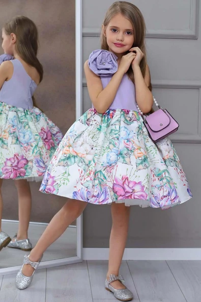 Kız Çocuk Tek Omuz Gül Broşlu Eteği Kabarık Çiçek Desenli Lila Abiye ürün görseli