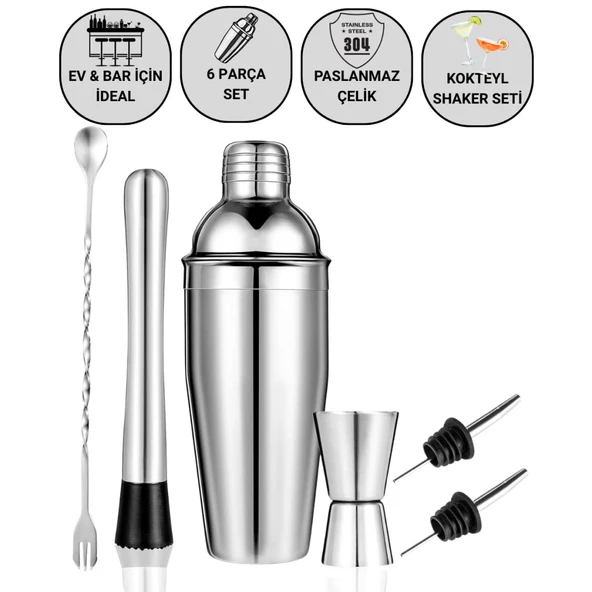 Polham 6 Parça 750ML Paslanmaz Çelik Kokteyl Shaker Seti – Ev ve Bar İçin İdeal, Sızdırmaz kapaklı