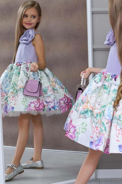 Kız Çocuk Tek Omuz Gül Broşlu Eteği Kabarık Çiçek Desenli Lila Abiye - Resim 5