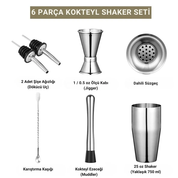 Polham 6 Parça 750ML Paslanmaz Çelik Kokteyl Shaker Seti – Ev ve Bar İçin İdeal, Sızdırmaz kapaklı - 5