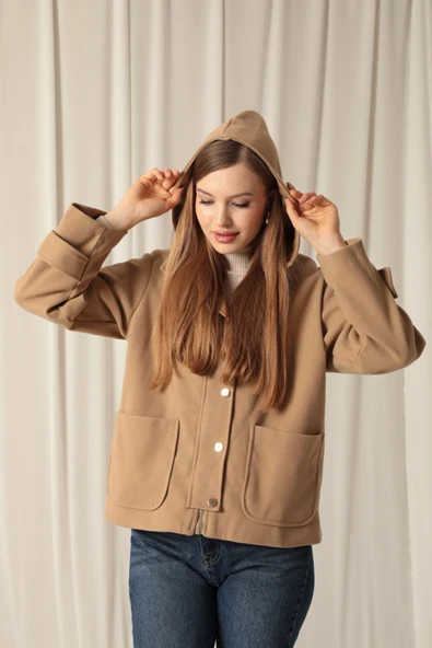 Kaşe Kumaş Kapüşonlu Kısa Kadın Vizon Kaban - 2