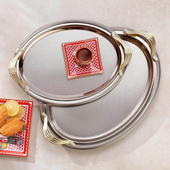 Schafer Ela 2 li Oval Çay Tepsisi-Platin01