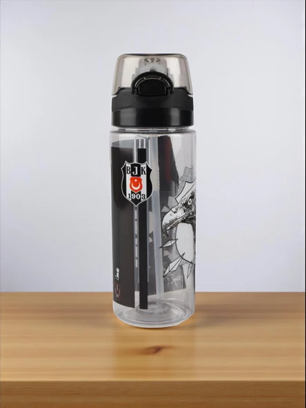 Beşiktaş Taraftar Şeffaf Kartal Figürlü 500 Ml Pipetli Suluk Matara