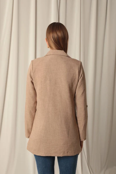 Melanj Keten Kumaş Kadın Taba Ceket - Resim 2