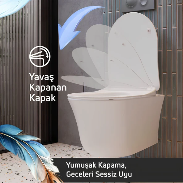 Creavit Nora Vortex Beyaz Asma Klozet NO323, Creavit Nora Duck Duroplast Yavaş Kapak - Resim 7