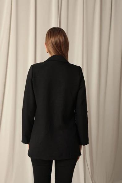 Melanj Keten Kumaş Kadın Siyah Ceket - Resim 2
