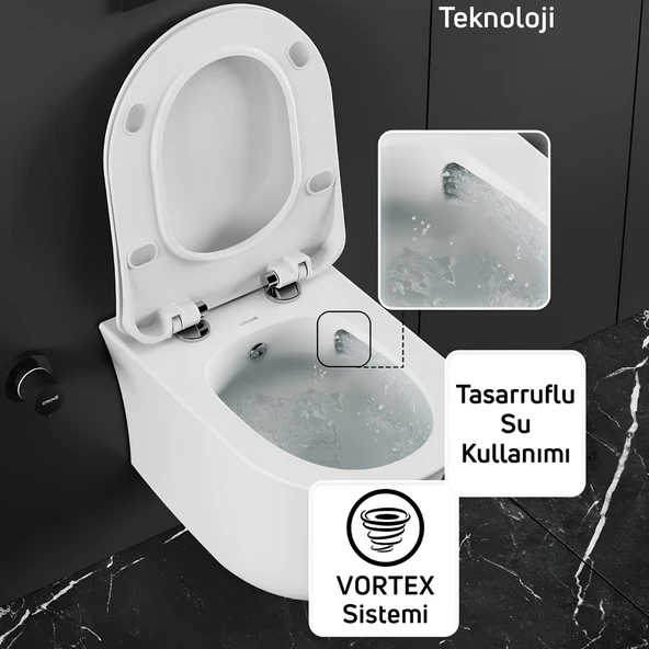 Creavit Nora Vortex Beyaz Asma Klozet NO323, Creavit Nora Duck Duroplast Yavaş Kapak - Resim 3