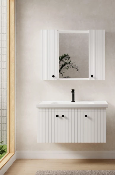 Denko Bodur 100 cm MDF Beyaz Banyo Dolabı Takımı ürün görseli