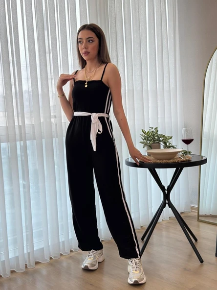 Kadın Ip Askılı Straplez Belden Kuşaklı Viskon Iki Iplik Tulum - Resim 4