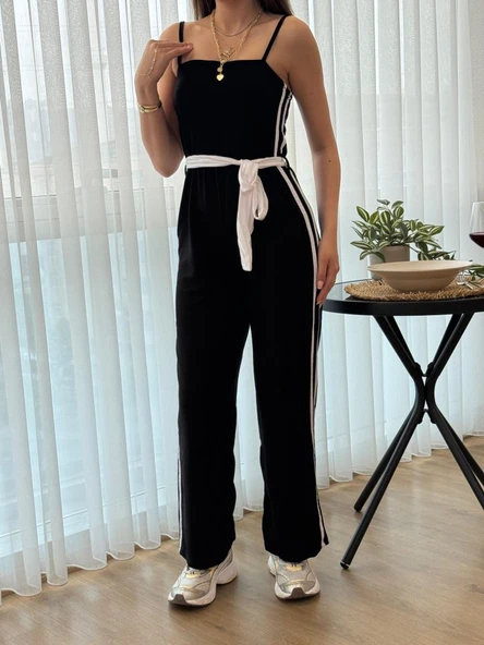 Kadın Ip Askılı Straplez Belden Kuşaklı Viskon Iki Iplik Tulum - Resim 3