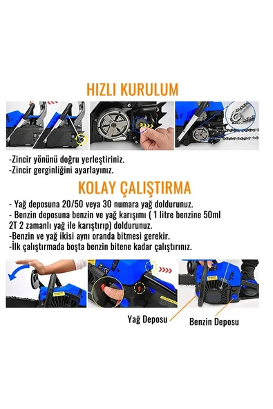 MLN-MS-361 Ağaç Motoru 52 cc - 3.2 HP Benzinli Testere Ağaç Odun Dal Kesme Makinası Zincirli Hızar - 3