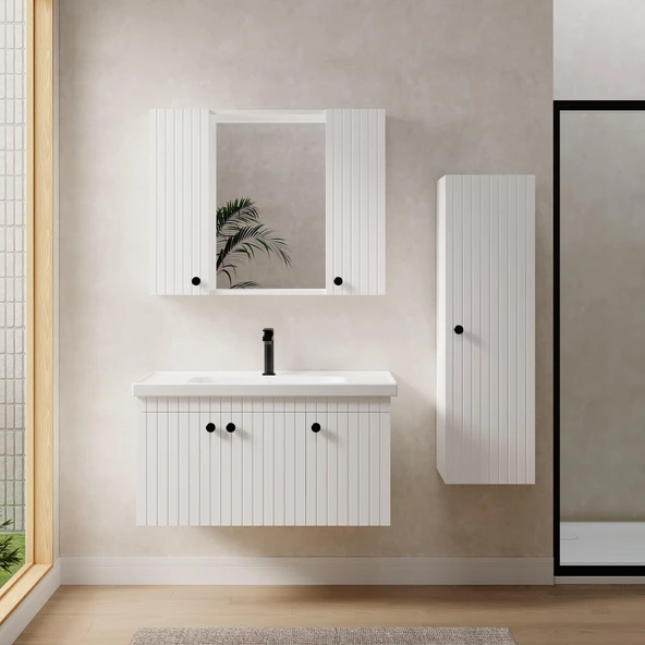 Denko Bodur 100 cm MDF Beyaz Banyo Dolabı Takımı ve Boy Dolabı ürün görseli