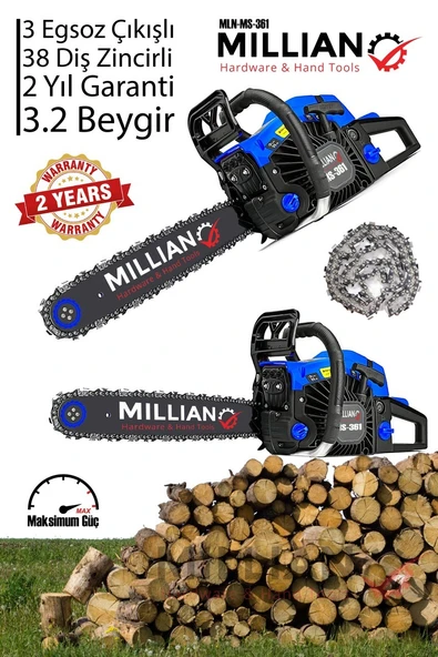 MLN-MS-361 Ağaç Motoru 52 cc - 3.2 HP Benzinli Testere Ağaç Odun Dal Kesme Makinası Zincirli Hızar