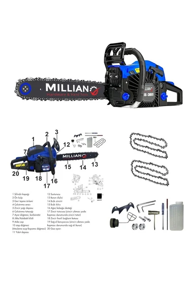 MLN-MS-361 Ağaç Motoru 52 cc - 3.2 HP Benzinli Testere Ağaç Odun Dal Kesme Makinası Zincirli Hızar - 2