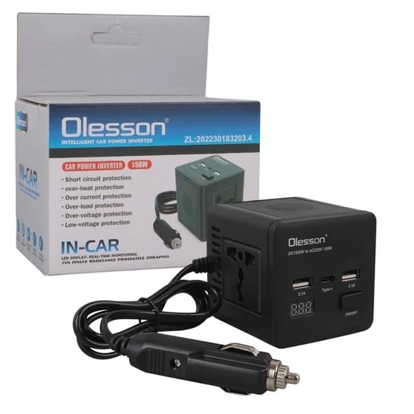Olesson 1663 DC 12-24V 150W Oto Araç Power İnverter TYPE-C - Çift USB - 220V Üniversal Priz Girişli - 4